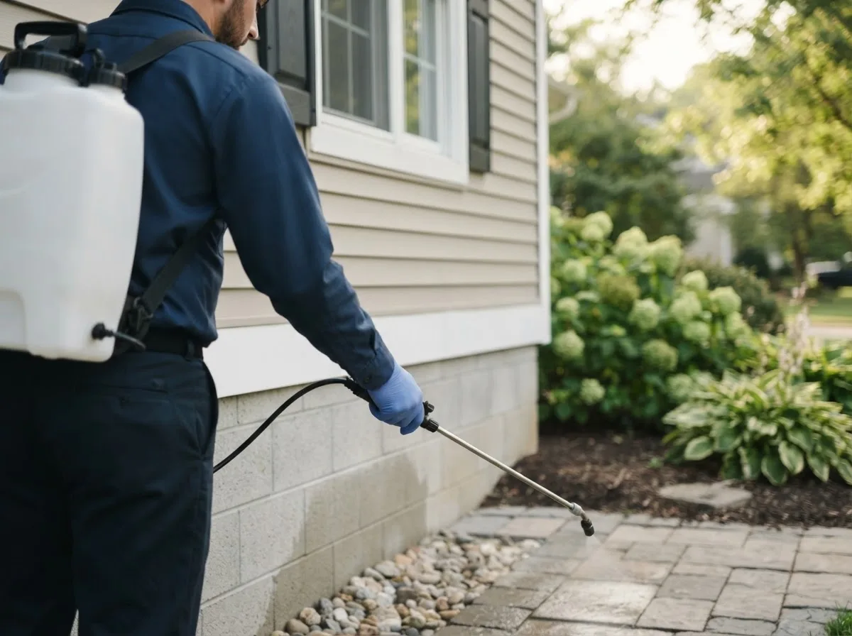 Pest control technician inspecting a home in Clarklake, MI